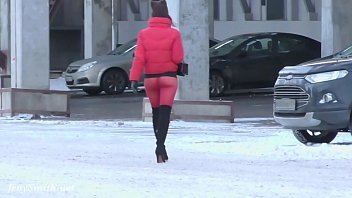 Crimson Slut Struts: Jeny Smith Flaunts Her Bare Ass In Red Pantyhose Without Panties In Public